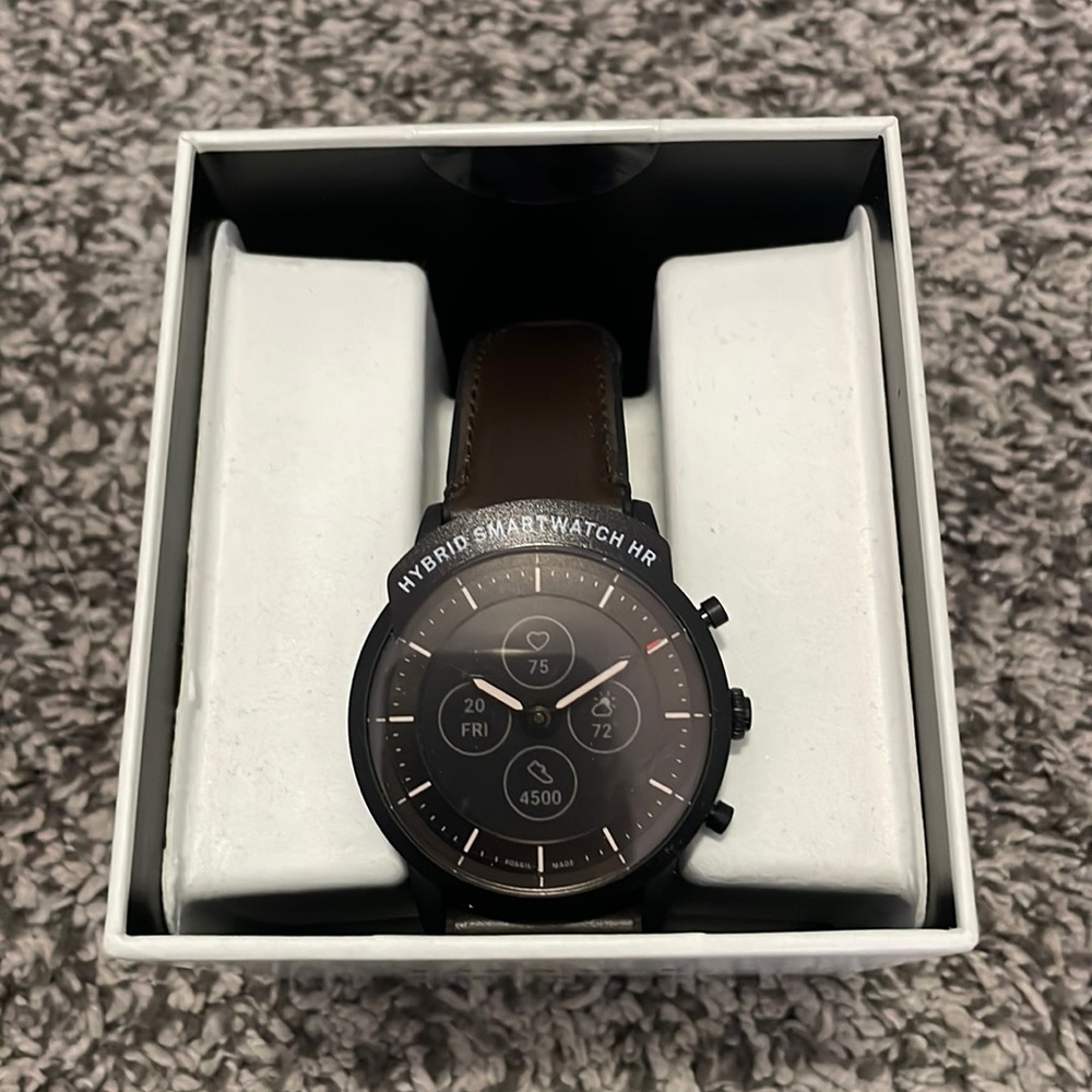 Men’s Fossil Hybrid Smartwatch. New in Box. Brown leather band.